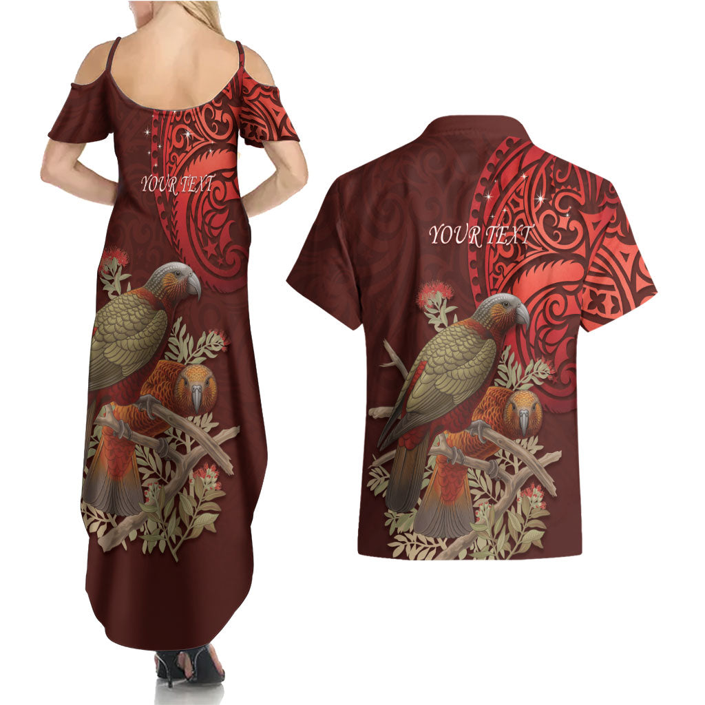 New Zealand Kaka Bird Personalised Couples Matching Summer Maxi Dress and Hawaiian Shirt Pohutukawa Matariki Maori Pattern LT22 - Polynesian Pride