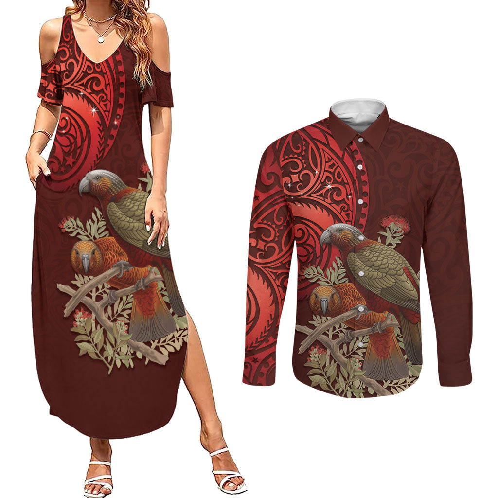 New Zealand Kaka Bird Personalised Couples Matching Summer Maxi Dress and Long Sleeve Button Shirt Pohutukawa Matariki Maori Pattern LT22 Red - Polynesian Pride