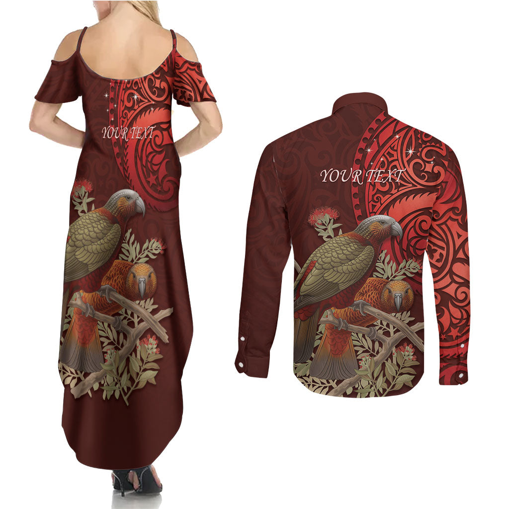 New Zealand Kaka Bird Personalised Couples Matching Summer Maxi Dress and Long Sleeve Button Shirt Pohutukawa Matariki Maori Pattern LT22 - Polynesian Pride