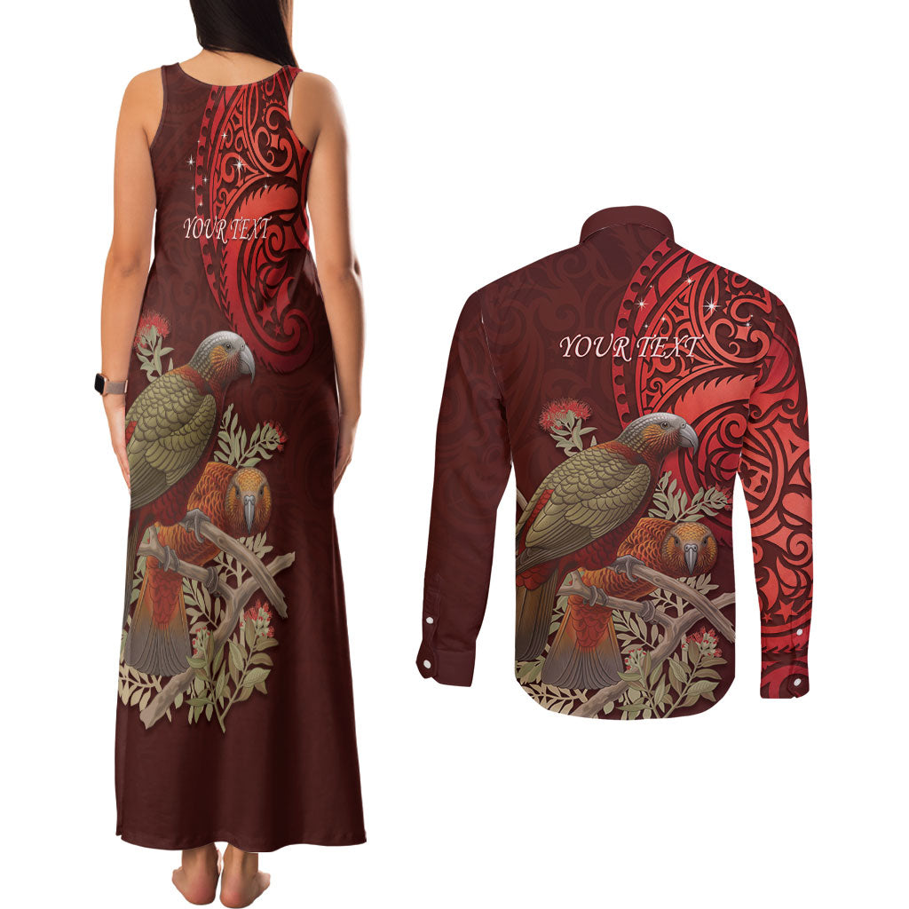 New Zealand Kaka Bird Personalised Couples Matching Tank Maxi Dress and Long Sleeve Button Shirt Pohutukawa Matariki Maori Pattern LT22 - Polynesian Pride