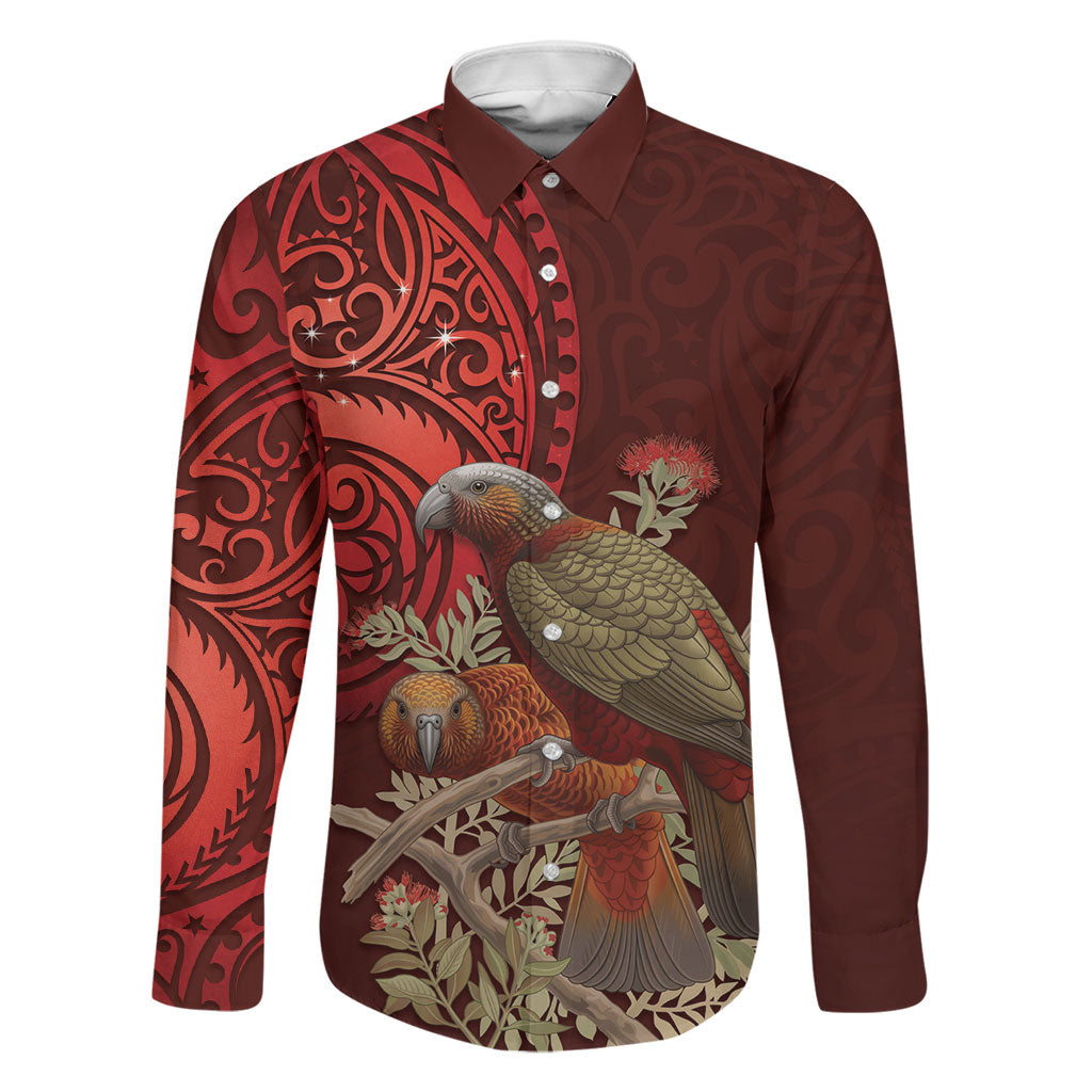 New Zealand Kaka Bird Personalised Family Matching Mermaid Dress and Hawaiian Shirt Pohutukawa Matariki Maori Pattern LT22 Dad's Shirt - Long Sleeve Red - Polynesian Pride
