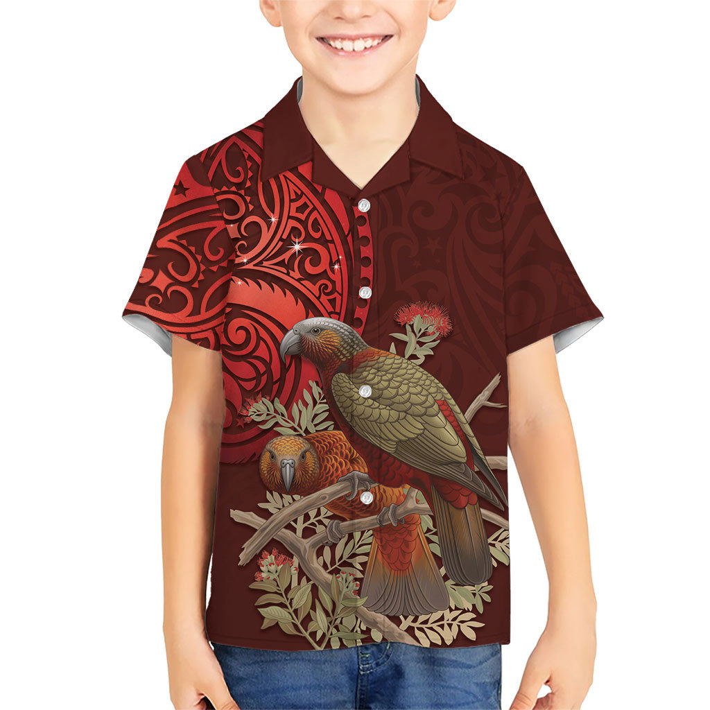 New Zealand Kaka Bird Personalised Family Matching Mermaid Dress and Hawaiian Shirt Pohutukawa Matariki Maori Pattern LT22 Son's Shirt Red - Polynesian Pride