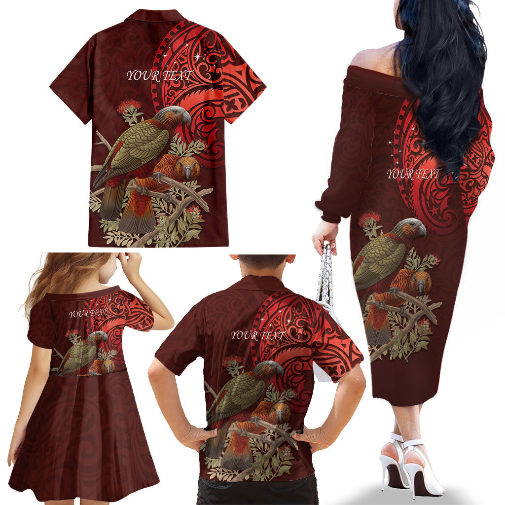 New Zealand Kaka Bird Personalised Family Matching Off The Shoulder Long Sleeve Dress and Hawaiian Shirt Pohutukawa Matariki Maori Pattern LT22 - Polynesian Pride