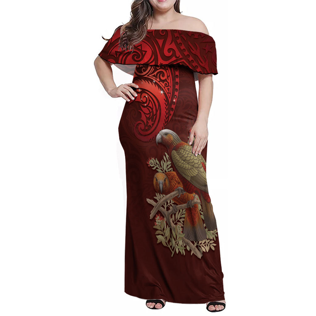 New Zealand Kaka Bird Personalised Family Matching Off Shoulder Maxi Dress and Hawaiian Shirt Pohutukawa Matariki Maori Pattern LT22 Mom's Dress Red - Polynesian Pride