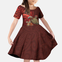 New Zealand Kaka Bird Personalised Family Matching Off Shoulder Short Dress and Hawaiian Shirt Pohutukawa Matariki Maori Pattern LT22 Daughter's Dress Red - Polynesian Pride