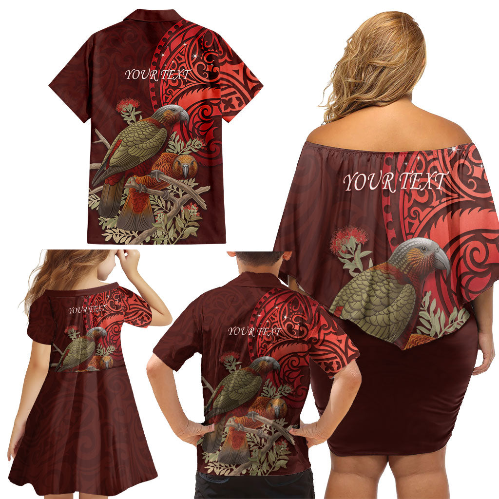 New Zealand Kaka Bird Personalised Family Matching Off Shoulder Short Dress and Hawaiian Shirt Pohutukawa Matariki Maori Pattern LT22 - Polynesian Pride