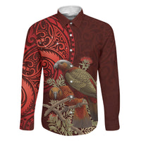 New Zealand Kaka Bird Personalised Family Matching Off Shoulder Short Dress and Hawaiian Shirt Pohutukawa Matariki Maori Pattern LT22 Dad's Shirt - Long Sleeve Red - Polynesian Pride