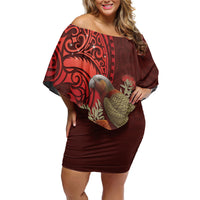 New Zealand Kaka Bird Personalised Family Matching Off Shoulder Short Dress and Hawaiian Shirt Pohutukawa Matariki Maori Pattern LT22 Mom's Dress Red - Polynesian Pride