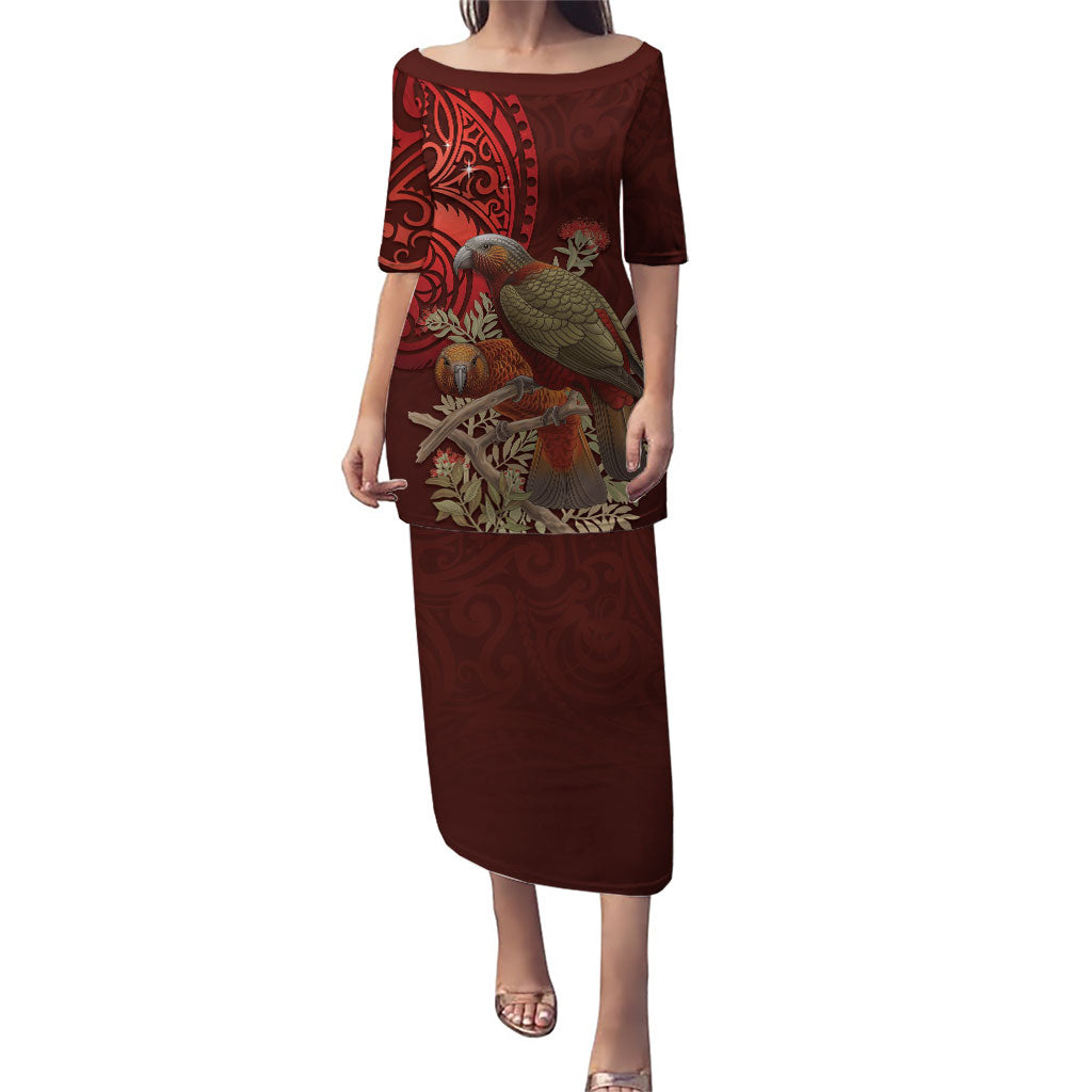 New Zealand Kaka Bird Personalised Family Matching Puletasi and Hawaiian Shirt Pohutukawa Matariki Maori Pattern LT22 Mom's Dress Red - Polynesian Pride
