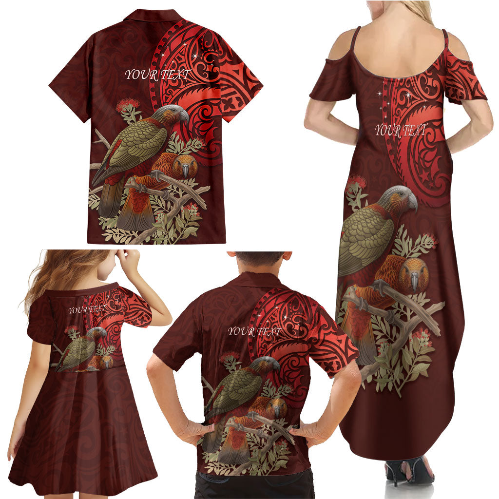 New Zealand Kaka Bird Personalised Family Matching Summer Maxi Dress and Hawaiian Shirt Pohutukawa Matariki Maori Pattern LT22 - Polynesian Pride
