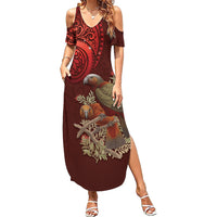 New Zealand Kaka Bird Personalised Family Matching Summer Maxi Dress and Hawaiian Shirt Pohutukawa Matariki Maori Pattern LT22 Mom's Dress Red - Polynesian Pride