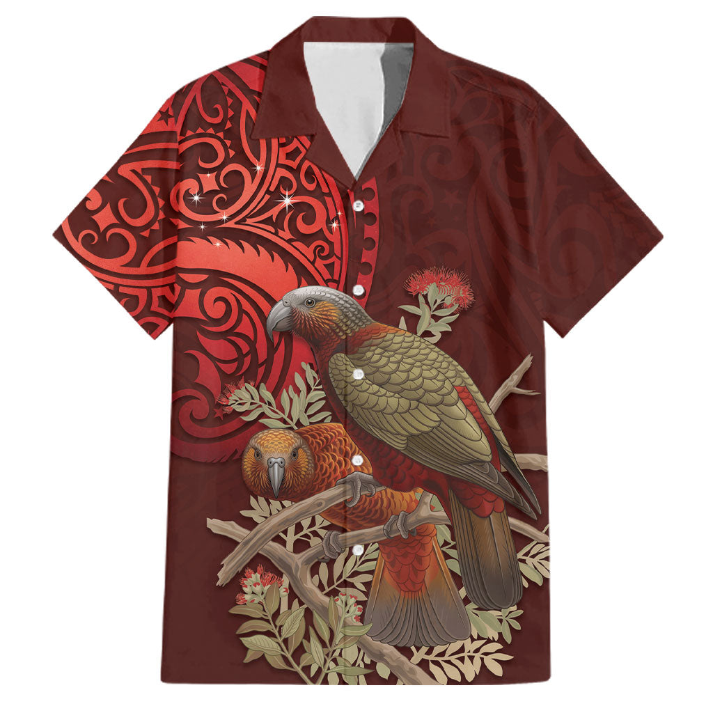 New Zealand Kaka Bird Personalised Family Matching Tank Maxi Dress and Hawaiian Shirt Pohutukawa Matariki Maori Pattern LT22 Dad's Shirt - Short Sleeve Red - Polynesian Pride