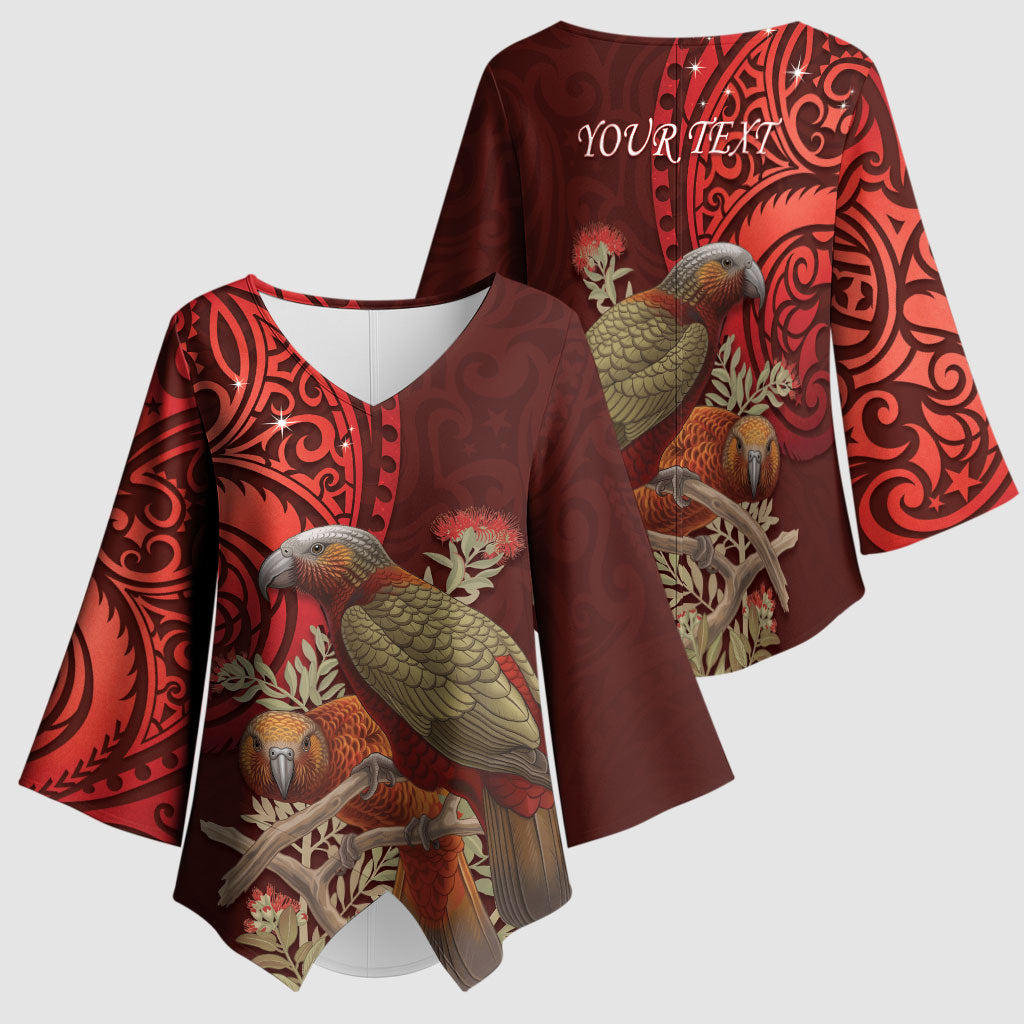 New Zealand Kaka Bird Personalised Kimono Sleeve Blouse Pohutukawa Matariki Maori Pattern