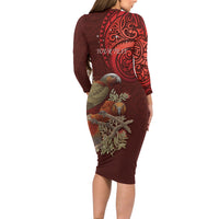 New Zealand Kaka Bird Personalised Long Sleeve Bodycon Dress Pohutukawa Matariki Maori Pattern LT22 - Polynesian Pride
