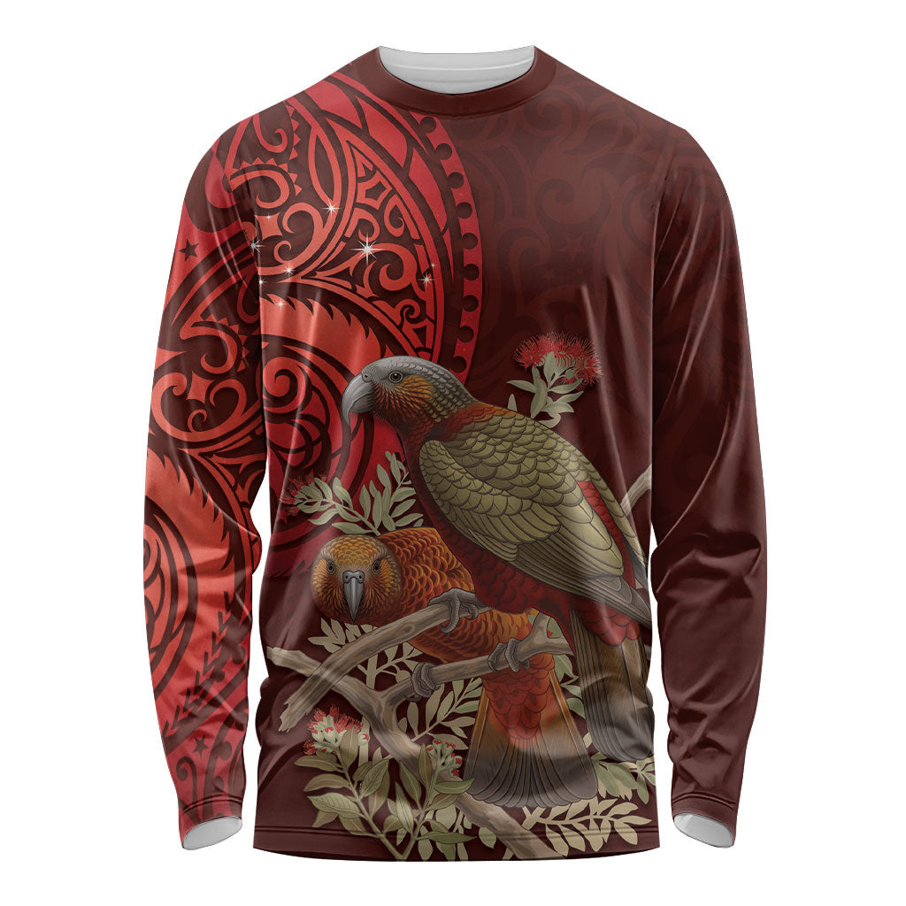 New Zealand Kaka Bird Personalised Long Sleeve Shirt Pohutukawa Matariki Maori Pattern LT22 Unisex Red - Polynesian Pride