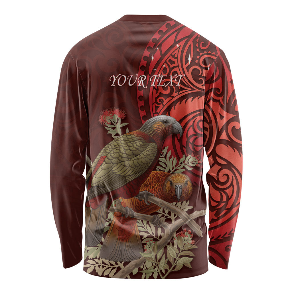 New Zealand Kaka Bird Personalised Long Sleeve Shirt Pohutukawa Matariki Maori Pattern LT22 - Polynesian Pride