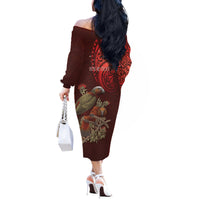 New Zealand Kaka Bird Personalised Off The Shoulder Long Sleeve Dress Pohutukawa Matariki Maori Pattern LT22 - Polynesian Pride