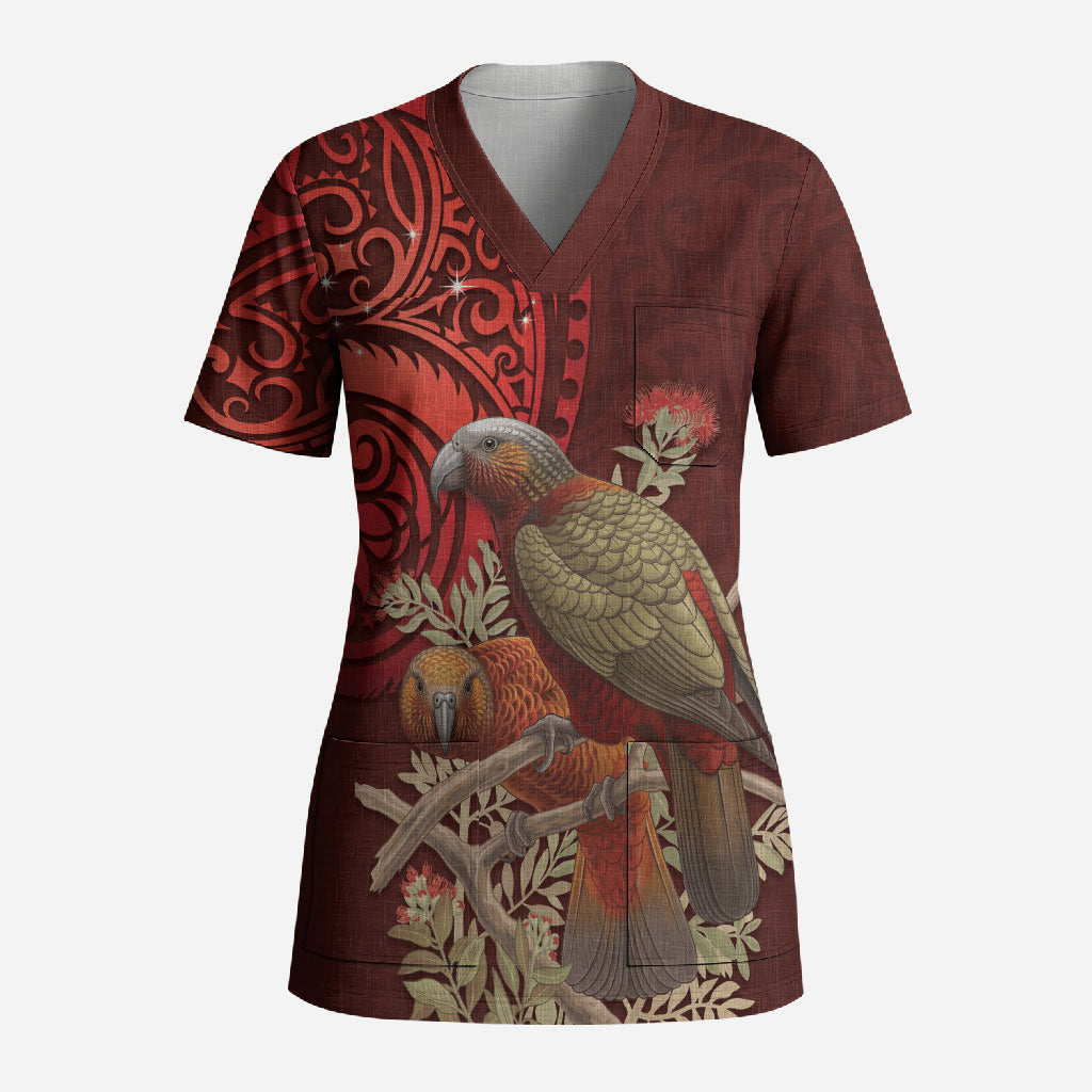 New Zealand Kaka Bird Personalised Scrub Top Pohutukawa Matariki Maori Pattern LT22 Adult Red - Polynesian Pride