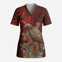 New Zealand Kaka Bird Personalised Scrub Top Pohutukawa Matariki Maori Pattern LT22 Adult Red - Polynesian Pride