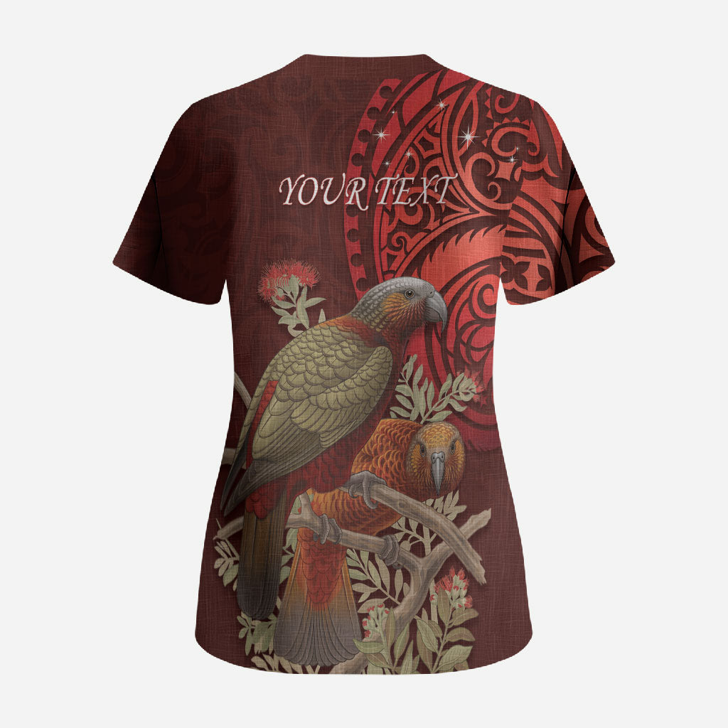 New Zealand Kaka Bird Personalised Scrub Top Pohutukawa Matariki Maori Pattern LT22 - Polynesian Pride