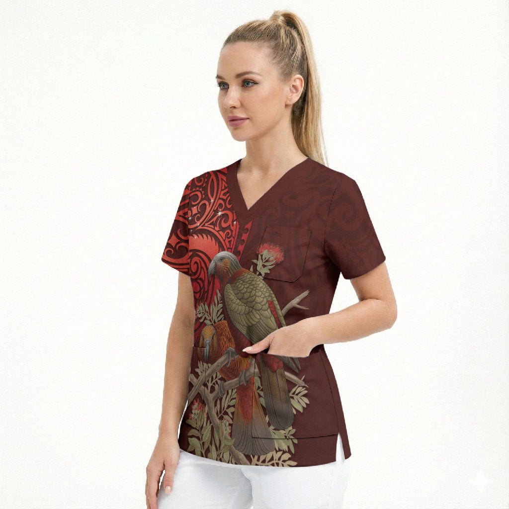 New Zealand Kaka Bird Personalised Scrub Top Pohutukawa Matariki Maori Pattern LT22 - Polynesian Pride