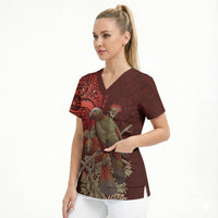 New Zealand Kaka Bird Personalised Scrub Top Pohutukawa Matariki Maori Pattern LT22 - Polynesian Pride