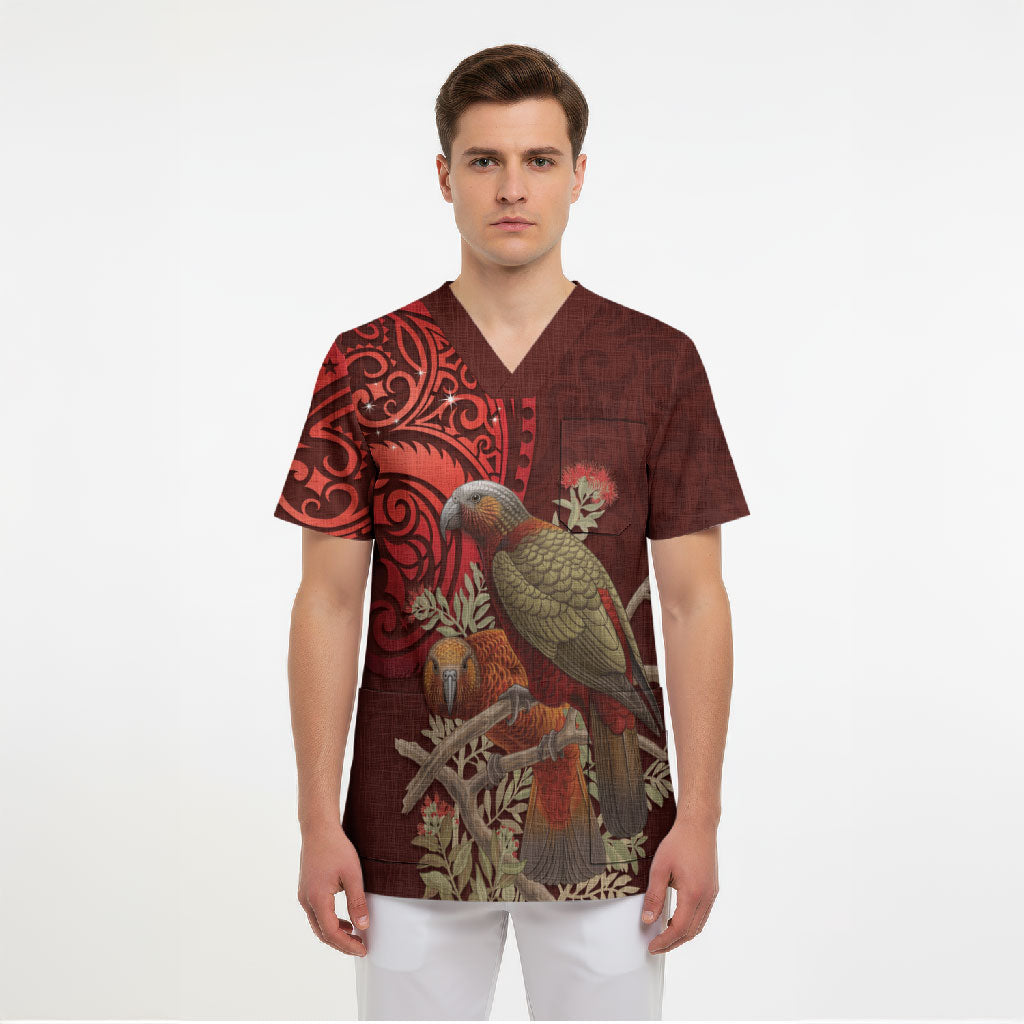 New Zealand Kaka Bird Personalised Scrub Top Pohutukawa Matariki Maori Pattern LT22 - Polynesian Pride