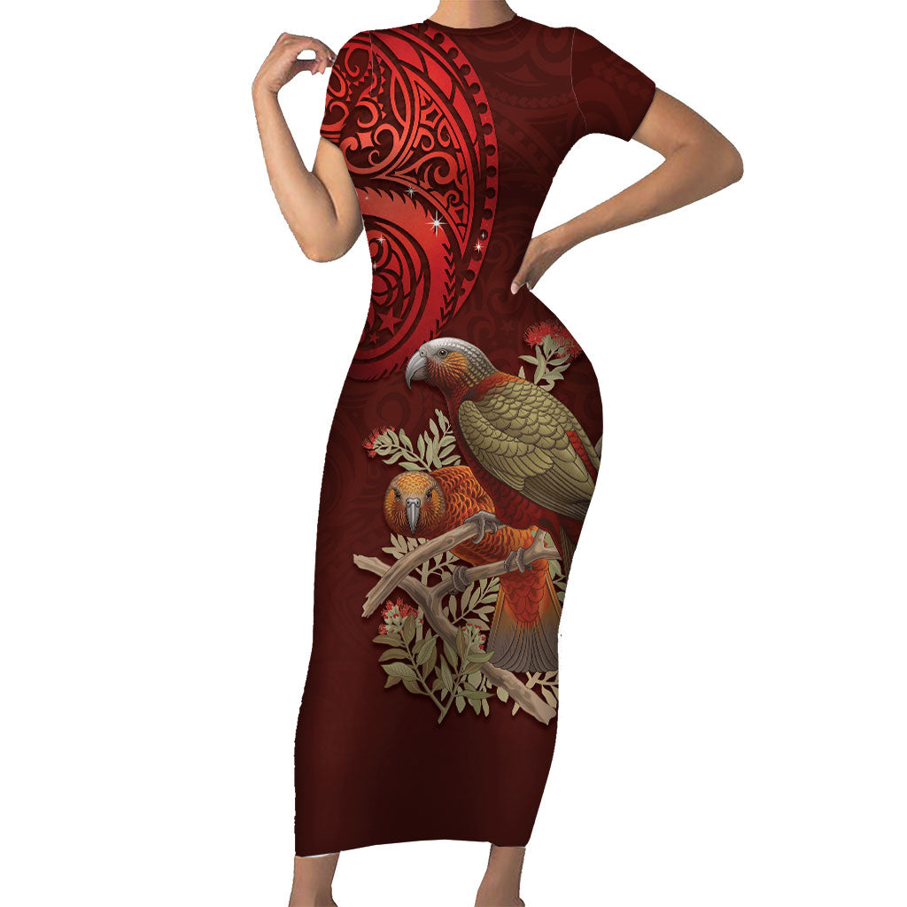 New Zealand Kaka Bird Personalised Short Sleeve Bodycon Dress Pohutukawa Matariki Maori Pattern LT22 Long Dress Red - Polynesian Pride