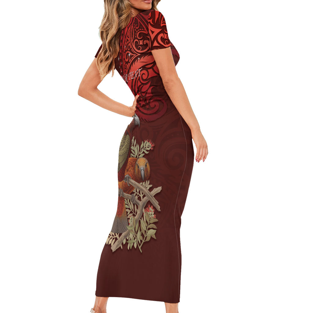 New Zealand Kaka Bird Personalised Short Sleeve Bodycon Dress Pohutukawa Matariki Maori Pattern LT22 - Polynesian Pride