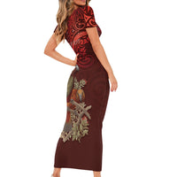New Zealand Kaka Bird Personalised Short Sleeve Bodycon Dress Pohutukawa Matariki Maori Pattern LT22 - Polynesian Pride