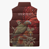 New Zealand Kaka Bird Personalised Sleeveless Puffer Jacket Pohutukawa Matariki Maori Pattern