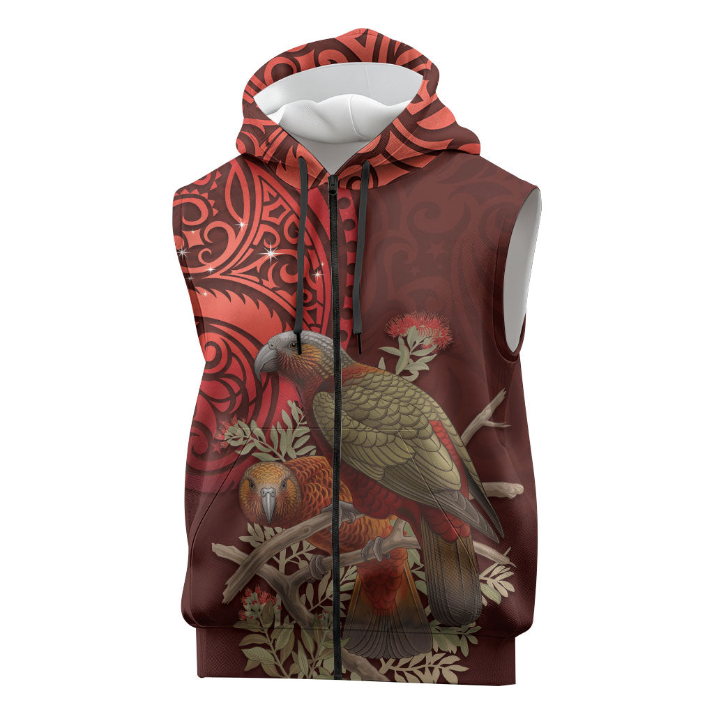 New Zealand Kaka Bird Personalised Sleeveless Zip Hoodie Pohutukawa Matariki Maori Pattern LT22 Red - Polynesian Pride
