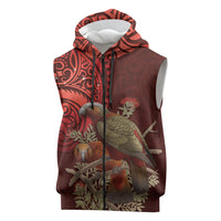 New Zealand Kaka Bird Personalised Sleeveless Zip Hoodie Pohutukawa Matariki Maori Pattern LT22 Red - Polynesian Pride