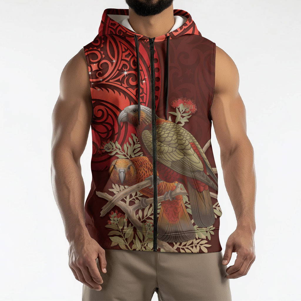 New Zealand Kaka Bird Personalised Sleeveless Zip Hoodie Pohutukawa Matariki Maori Pattern LT22 - Polynesian Pride