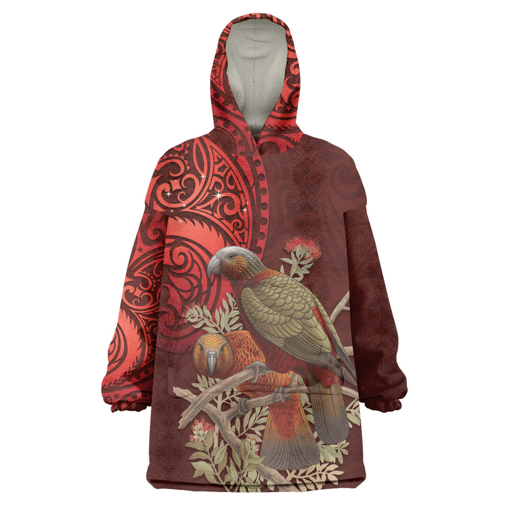 New Zealand Kaka Bird Personalised Wearable Blanket Hoodie Pohutukawa Matariki Maori Pattern LT22 One Size Red - Polynesian Pride