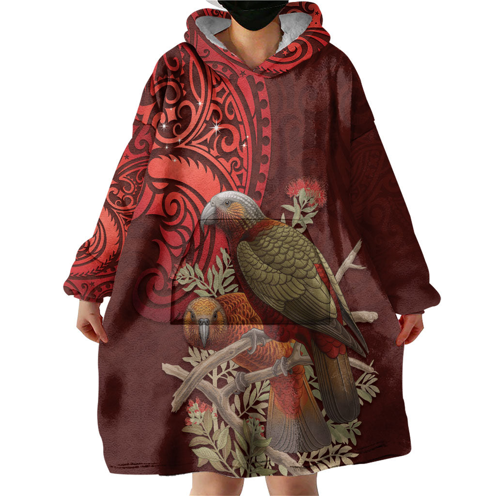 New Zealand Kaka Bird Personalised Wearable Blanket Hoodie Pohutukawa Matariki Maori Pattern LT22 - Polynesian Pride