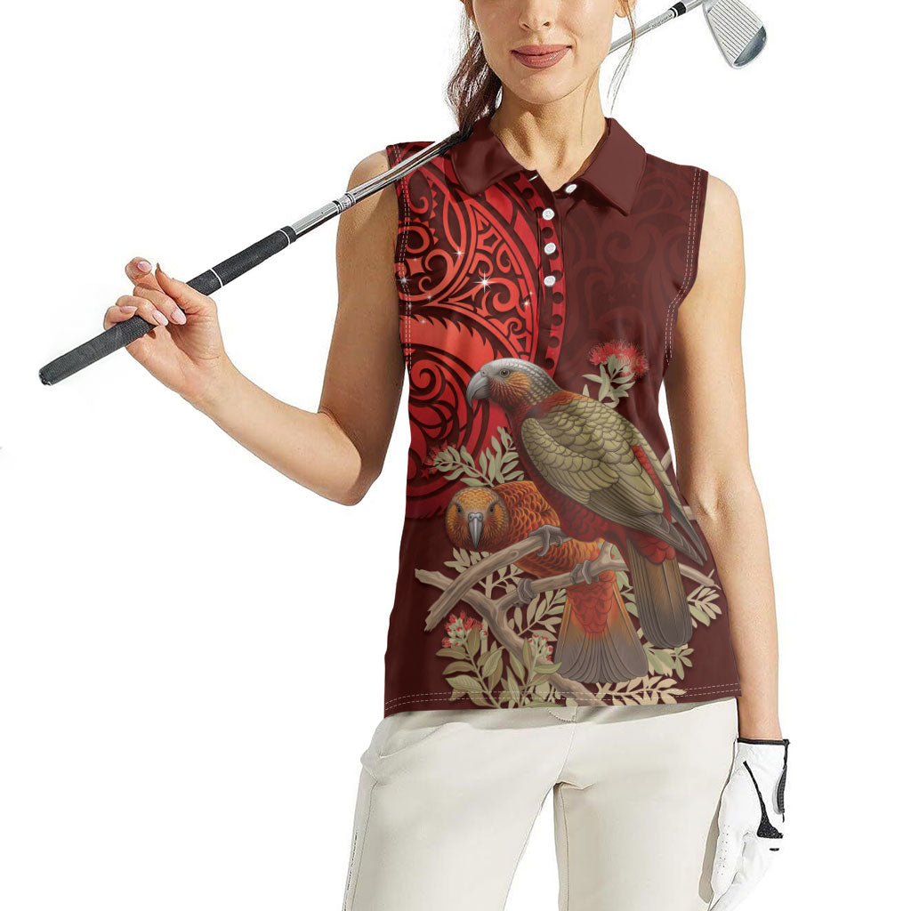 New Zealand Kaka Bird Personalised Women Sleeveless Polo Shirt Pohutukawa Matariki Maori Pattern LT22 - Polynesian Pride