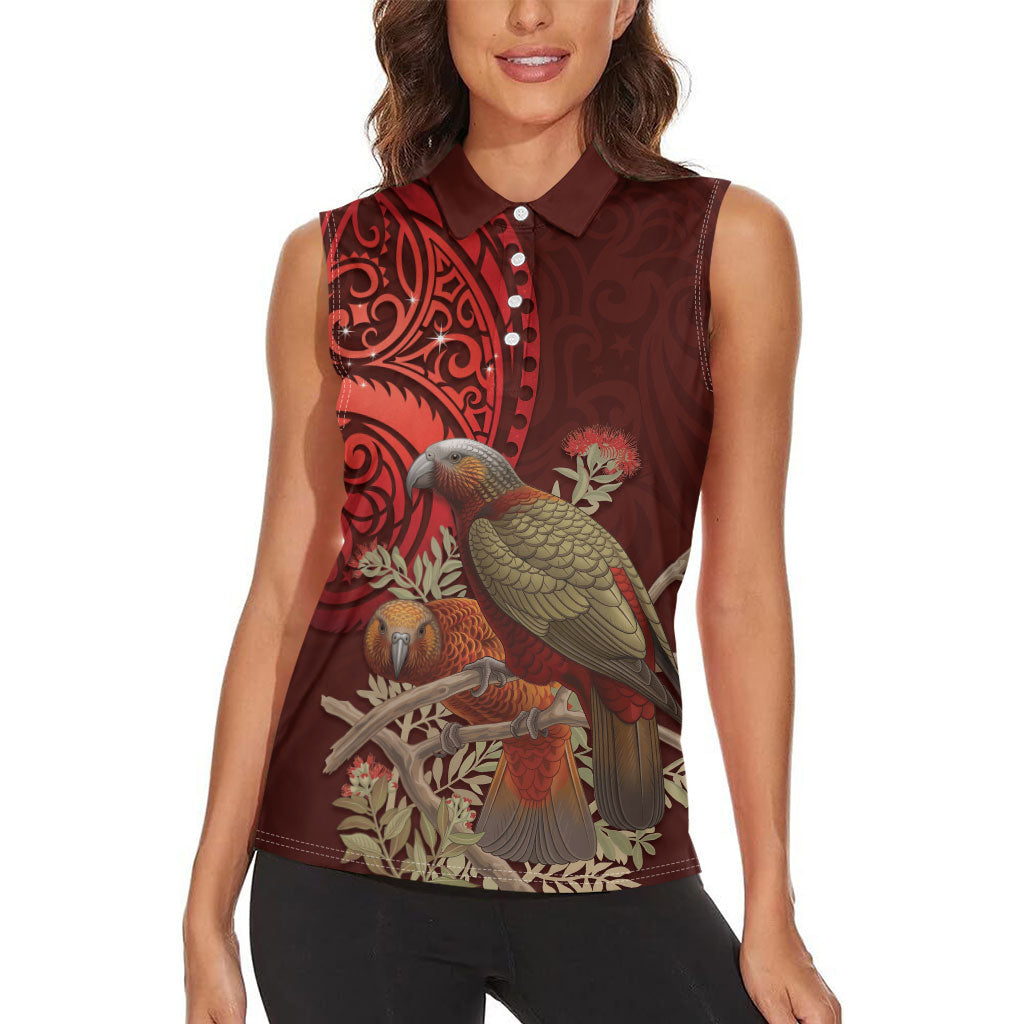 New Zealand Kaka Bird Personalised Women Sleeveless Polo Shirt Pohutukawa Matariki Maori Pattern LT22 - Polynesian Pride