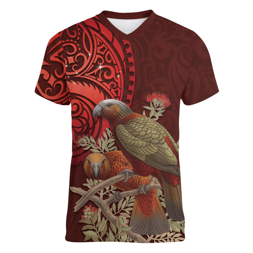 New Zealand Kaka Bird Personalised Women V-Neck T-Shirt Pohutukawa Matariki Maori Pattern LT22 Female Red - Polynesian Pride