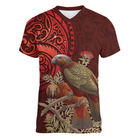 New Zealand Kaka Bird Personalised Women V-Neck T-Shirt Pohutukawa Matariki Maori Pattern LT22 Female Red - Polynesian Pride