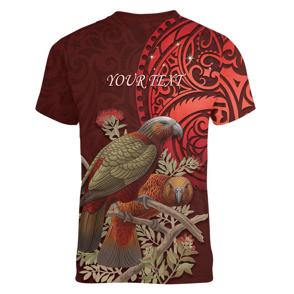 New Zealand Kaka Bird Personalised Women V-Neck T-Shirt Pohutukawa Matariki Maori Pattern LT22 - Polynesian Pride