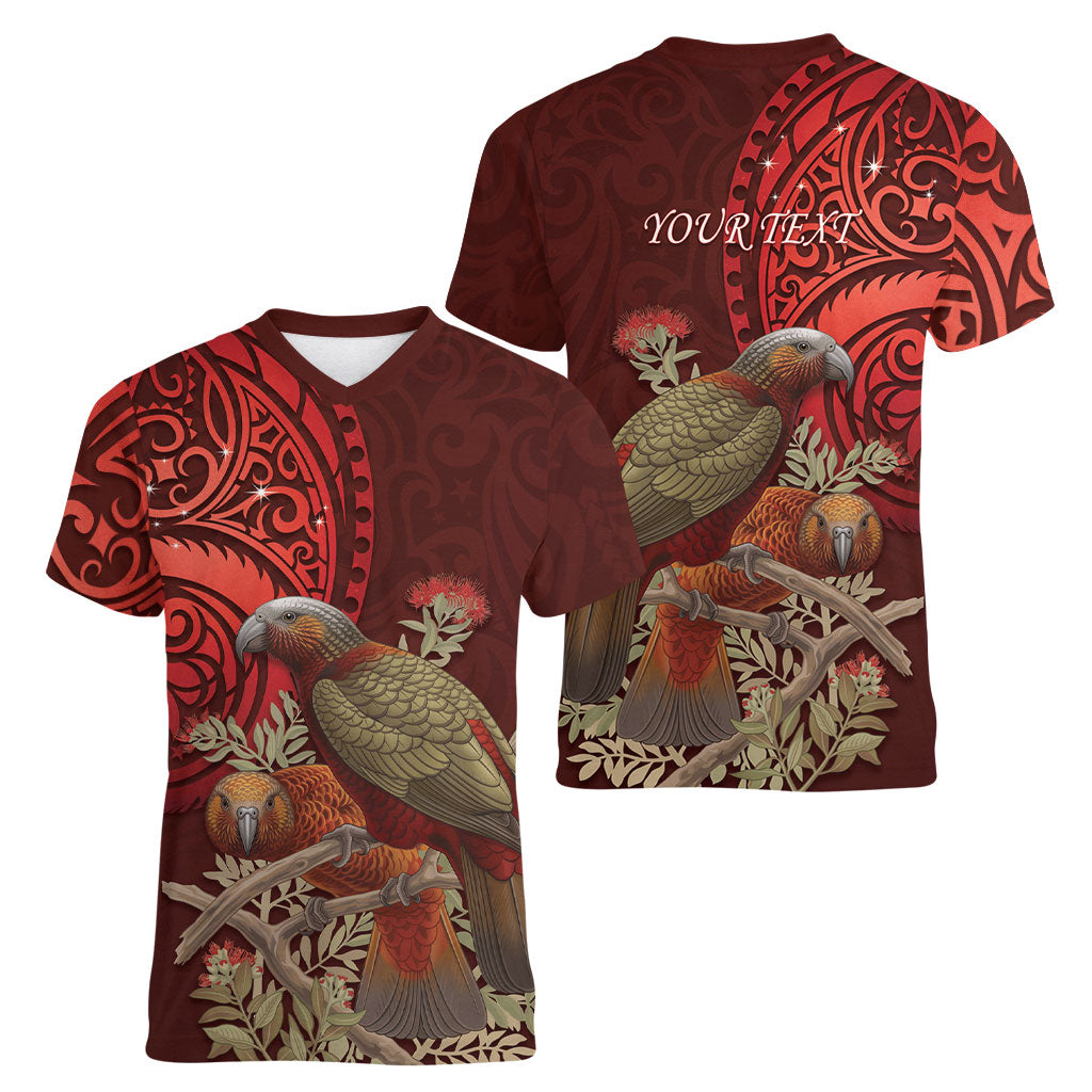 New Zealand Kaka Bird Personalised Women V-Neck T-Shirt Pohutukawa Matariki Maori Pattern LT22 - Polynesian Pride