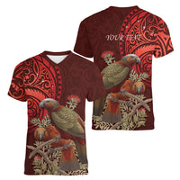 New Zealand Kaka Bird Personalised Women V-Neck T-Shirt Pohutukawa Matariki Maori Pattern LT22 - Polynesian Pride