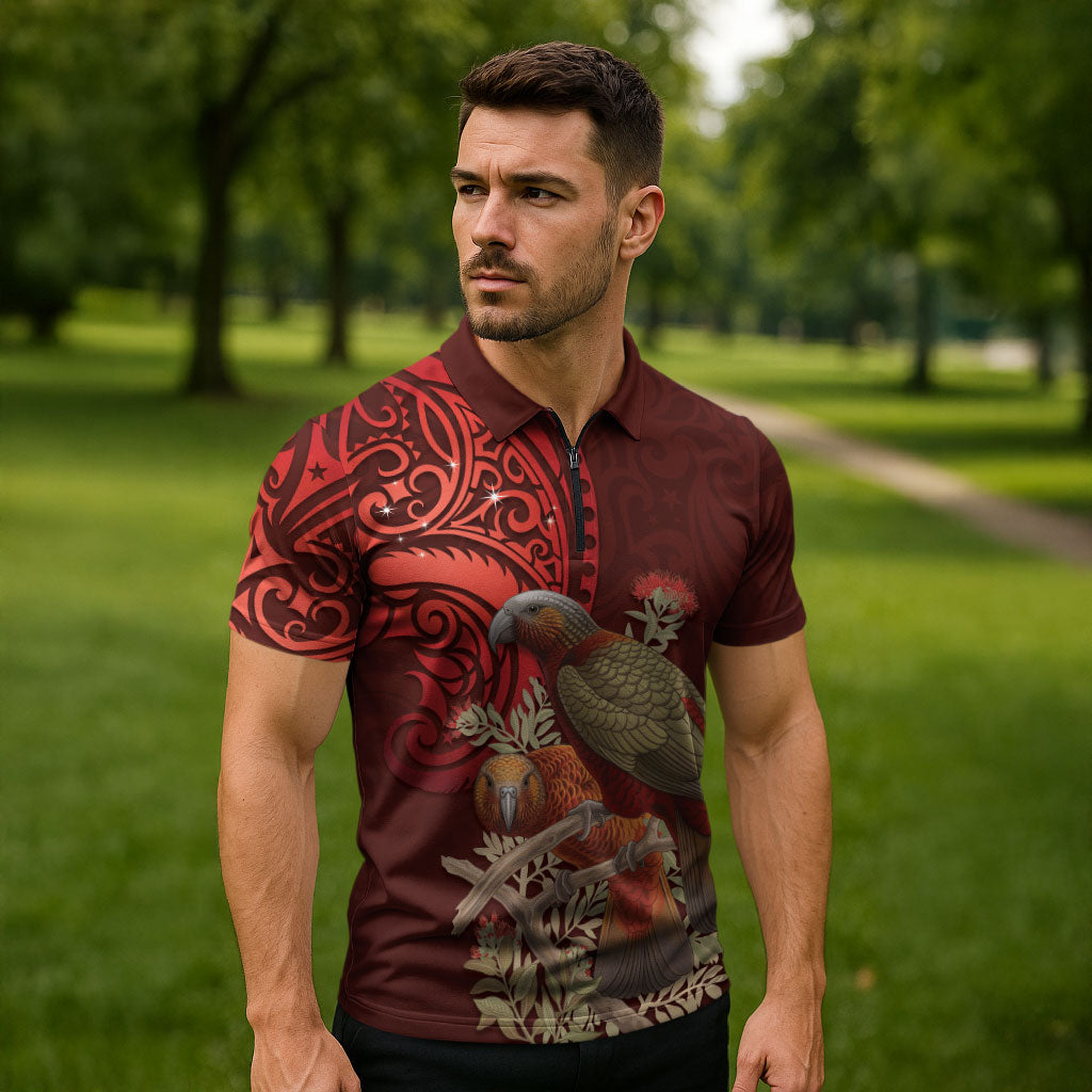 New Zealand Kaka Bird Personalised Zipper Polo Shirt Pohutukawa Matariki Maori Pattern