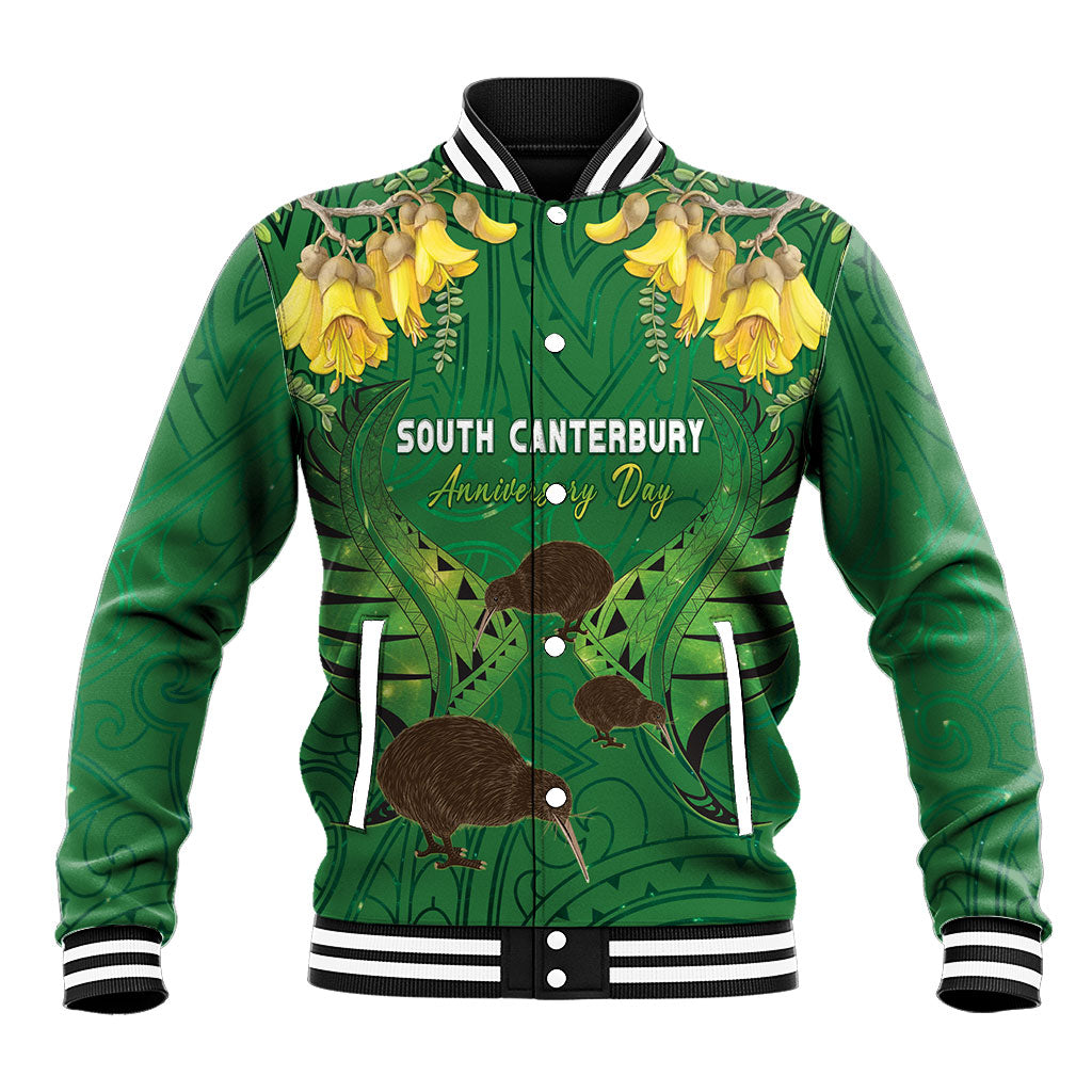 Personalised South Canterbury Anniversary Day Baseball Jacket Kiwi Kowhai Silver Fern Maori Pattern