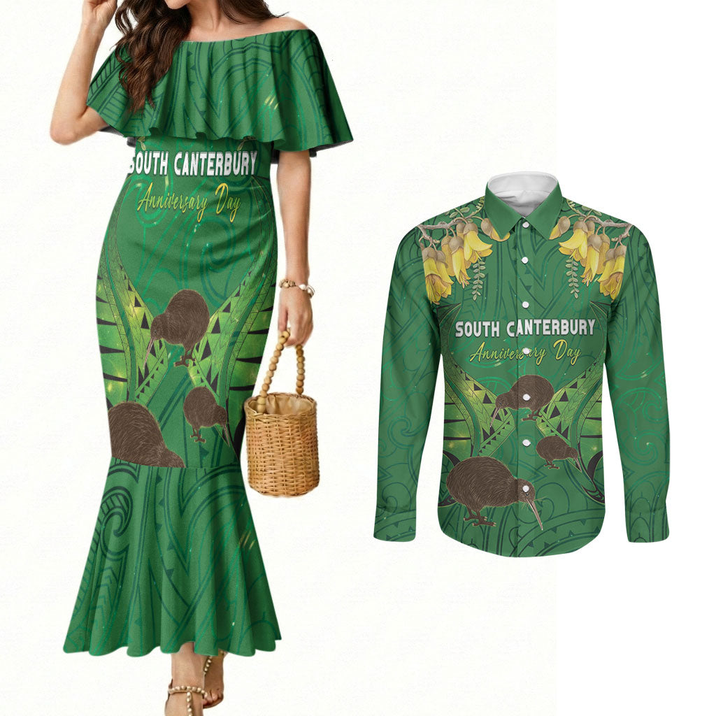 Personalised South Canterbury Anniversary Day Couples Matching Mermaid Dress and Long Sleeve Button Shirt Kiwi Kowhai Silver Fern Maori Pattern