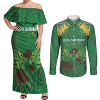 Personalised South Canterbury Anniversary Day Couples Matching Off Shoulder Maxi Dress and Long Sleeve Button Shirt Kiwi Kowhai Silver Fern Maori Pattern LT22 Green - Polynesian Pride