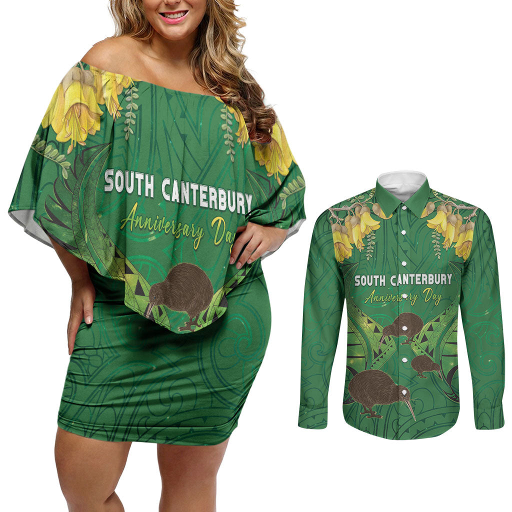 Personalised South Canterbury Anniversary Day Couples Matching Off Shoulder Short Dress and Long Sleeve Button Shirt Kiwi Kowhai Silver Fern Maori Pattern