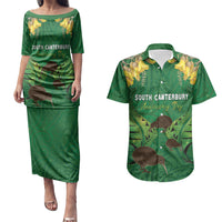 Personalised South Canterbury Anniversary Day Couples Matching Puletasi and Hawaiian Shirt Kiwi Kowhai Silver Fern Maori Pattern LT22 Green - Polynesian Pride