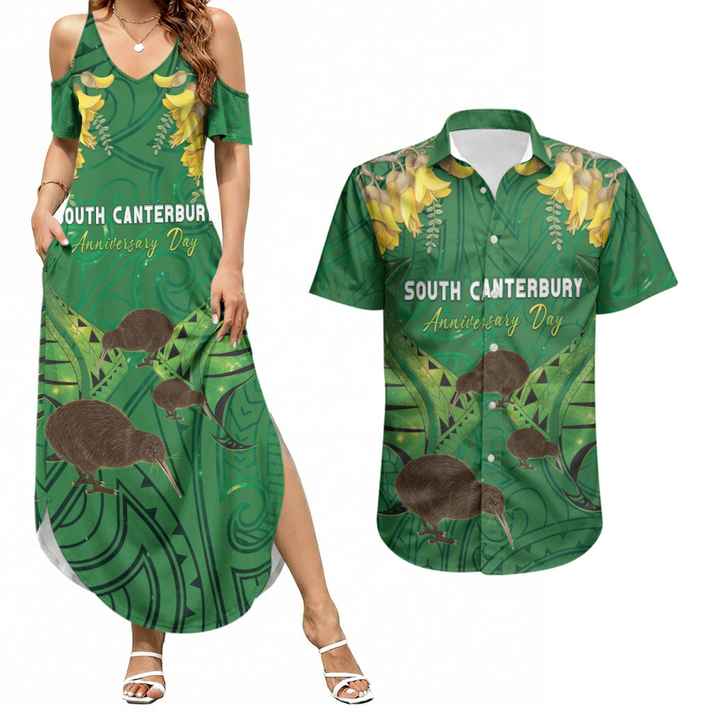 Personalised South Canterbury Anniversary Day Couples Matching Summer Maxi Dress and Hawaiian Shirt Kiwi Kowhai Silver Fern Maori Pattern